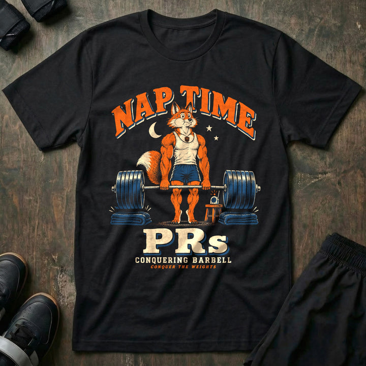 Nap Time PRs - Tee front graphic in Black with a fox dad quietly deadlifting a loaded barbell onto folded blankets beside a baby monitor - Conquering Barbell