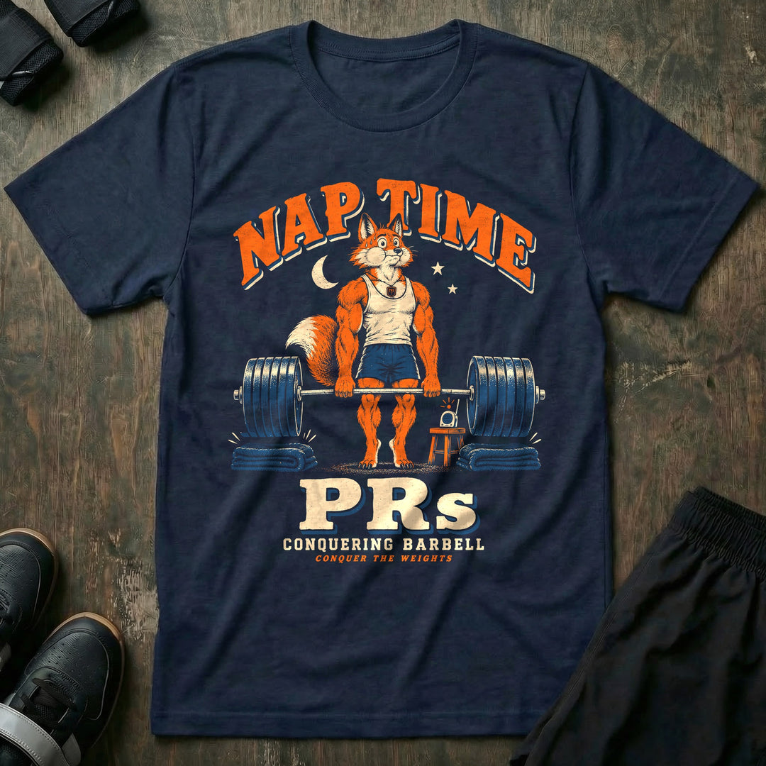 Nap Time PRs - Tee front graphic in Navy with a fox dad quietly deadlifting a loaded barbell onto folded blankets beside a baby monitor - Conquering Barbell