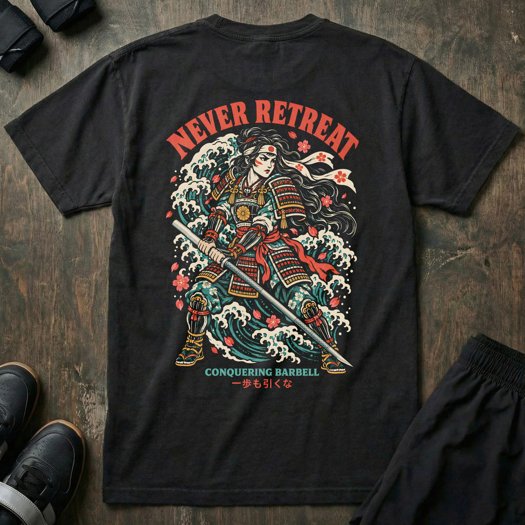 Never Retreat relaxed fit tee in Black, back print: female samurai with a barbell-katana in a great wave