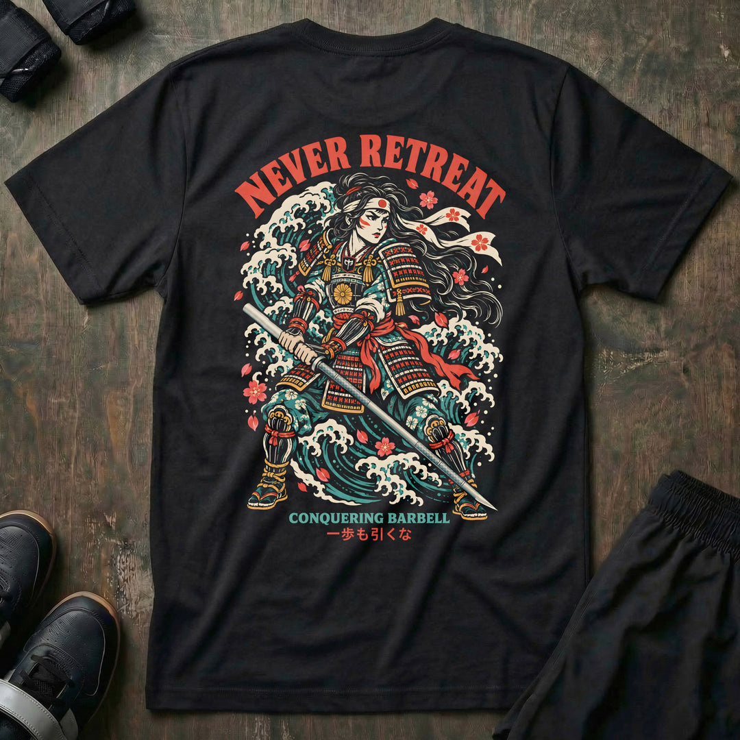 Never Retreat tee in Black, back print: female samurai with a barbell-katana in a great wave