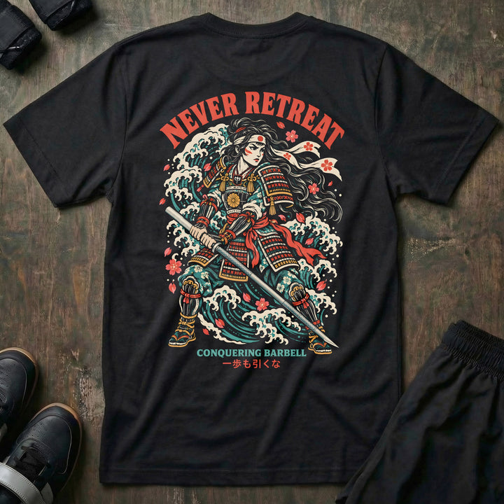 Never Retreat tee in Black, back print: female samurai with a barbell-katana in a great wave