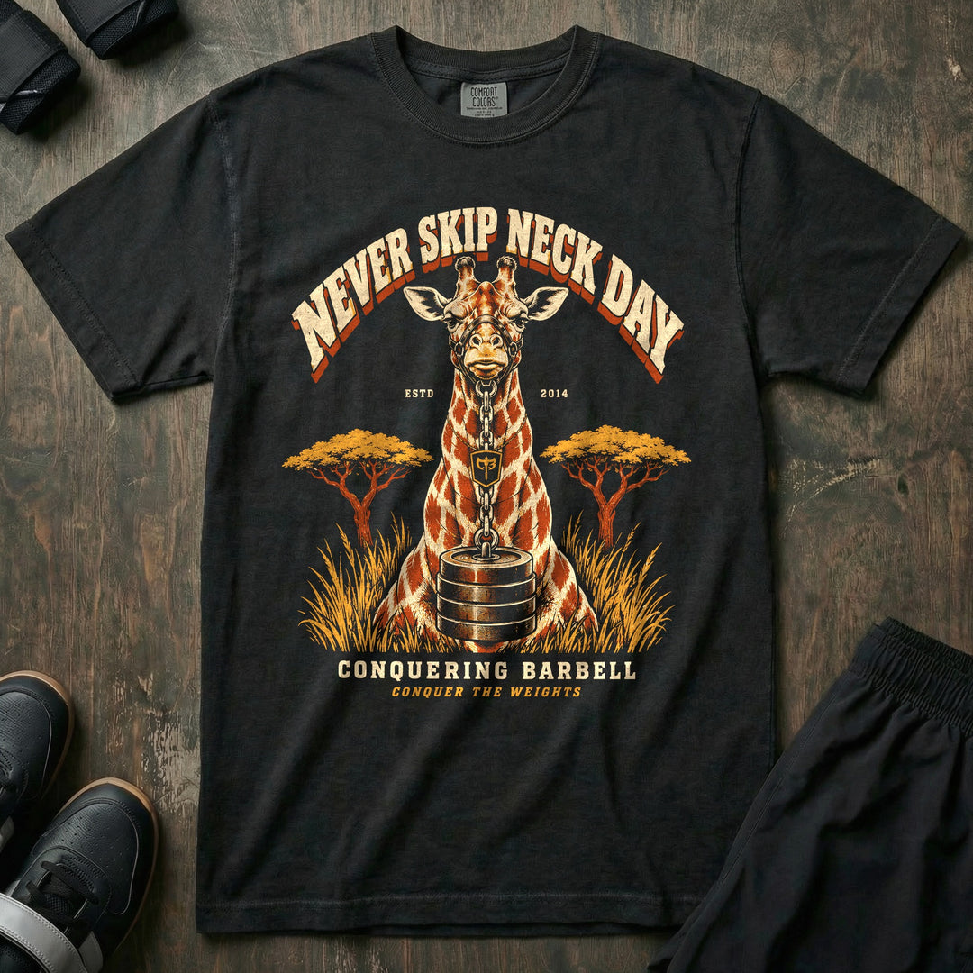 Never Skip Neck Day - Relaxed Fit Tee front graphic in Black with a giraffe lifting a chained stack of weight plates with its neck - Conquering Barbell