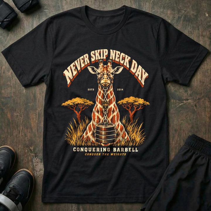Never Skip Neck Day - Tee front graphic in Black with a giraffe lifting a chained stack of weight plates with its neck - Conquering Barbell
