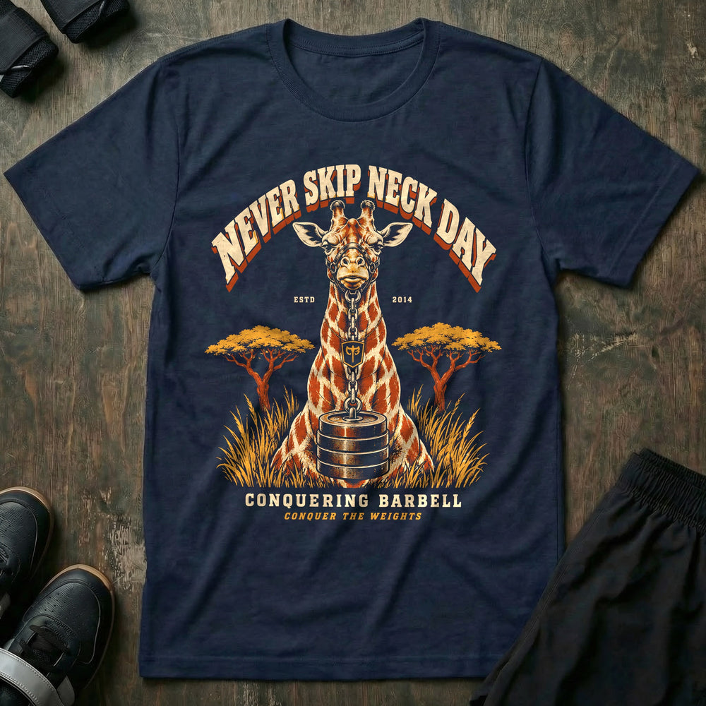 Never Skip Neck Day - Tee front graphic in Navy with a giraffe lifting a chained stack of weight plates with its neck - Conquering Barbell