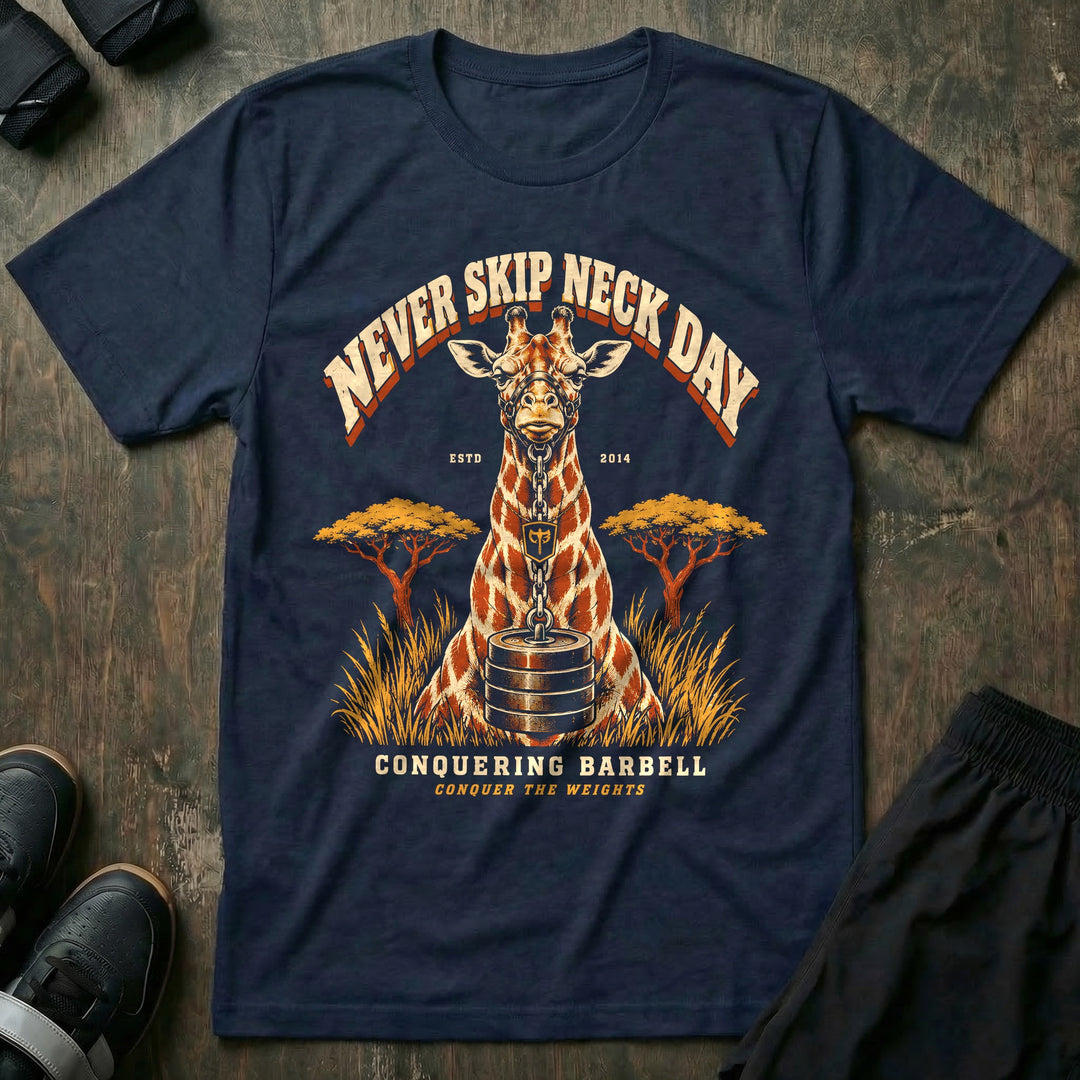 Never Skip Neck Day - Tee front graphic in Navy with a giraffe lifting a chained stack of weight plates with its neck - Conquering Barbell