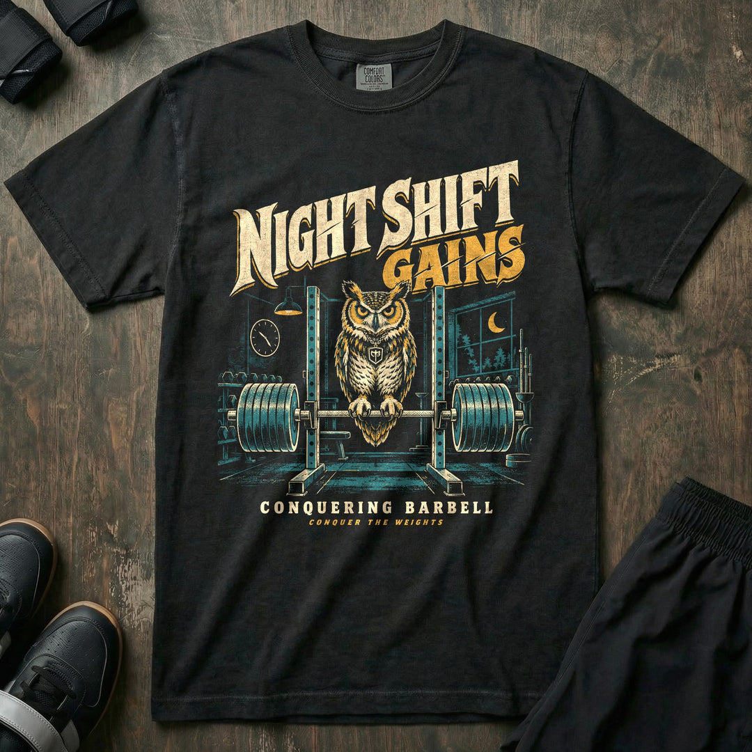 Night Shift Gains - Relaxed Fit Tee front graphic in Black with a great horned owl perched on a loaded barbell in an empty gym at night - Conquering Barbell