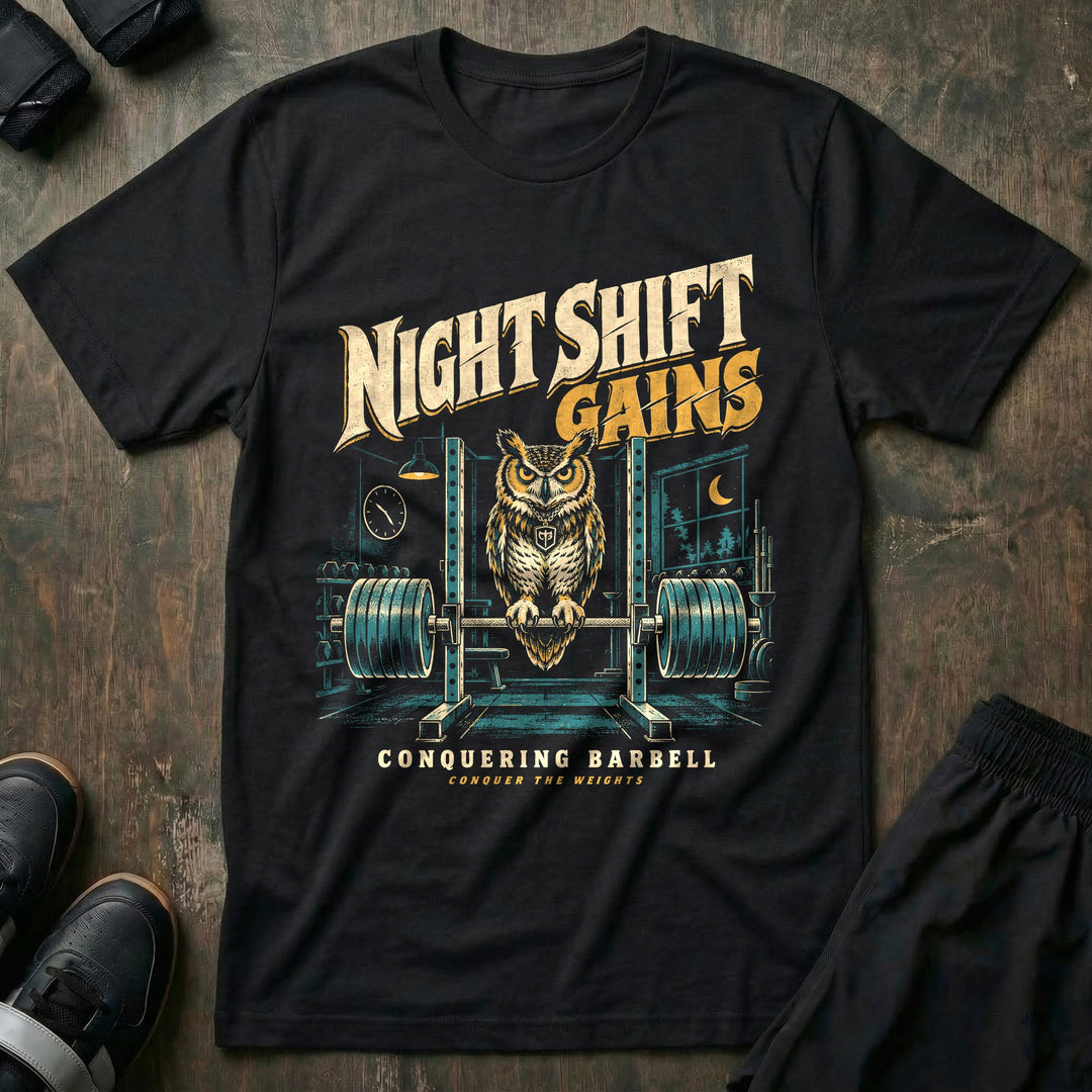 Night Shift Gains - Tee front graphic in Black with a great horned owl perched on a loaded barbell in an empty gym at night - Conquering Barbell