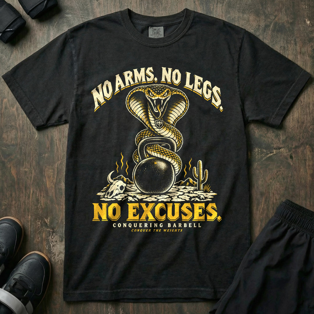 No Arms No Legs No Excuses - Relaxed Fit Tee front graphic in Black with a king cobra with hood flared coiled around a kettlebell - Conquering Barbell
