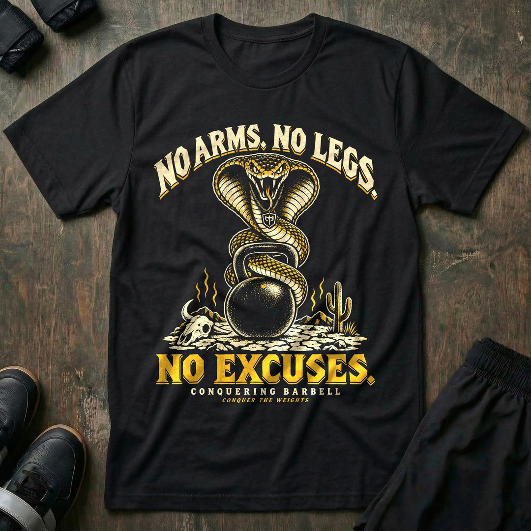 No Arms No Legs No Excuses - Tee front graphic in Black with a king cobra with hood flared coiled around a kettlebell - Conquering Barbell