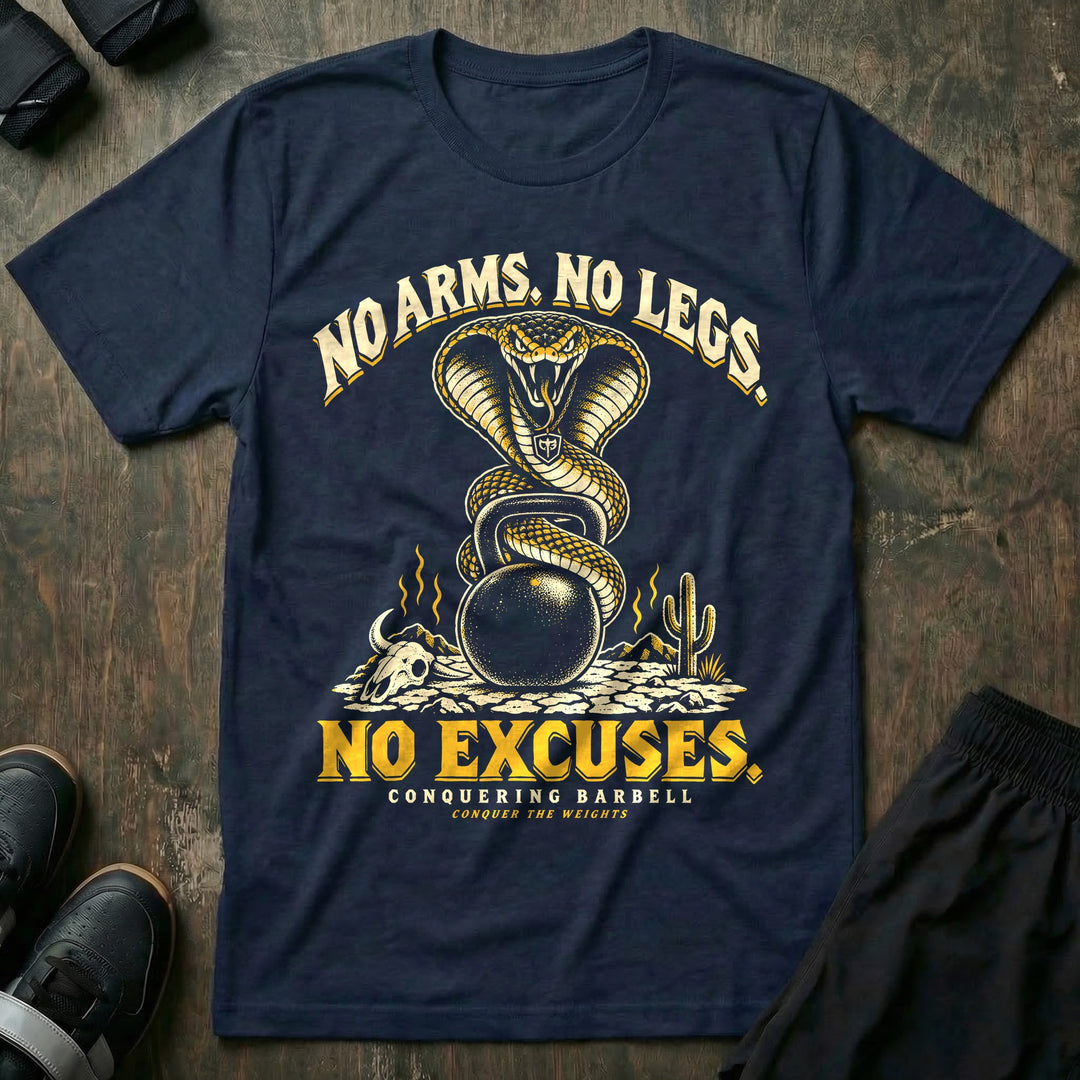 No Arms No Legs No Excuses - Tee front graphic in Navy with a king cobra with hood flared coiled around a kettlebell - Conquering Barbell