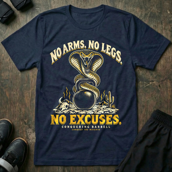 No Arms No Legs No Excuses - Tee front graphic in Navy with a king cobra with hood flared coiled around a kettlebell - Conquering Barbell