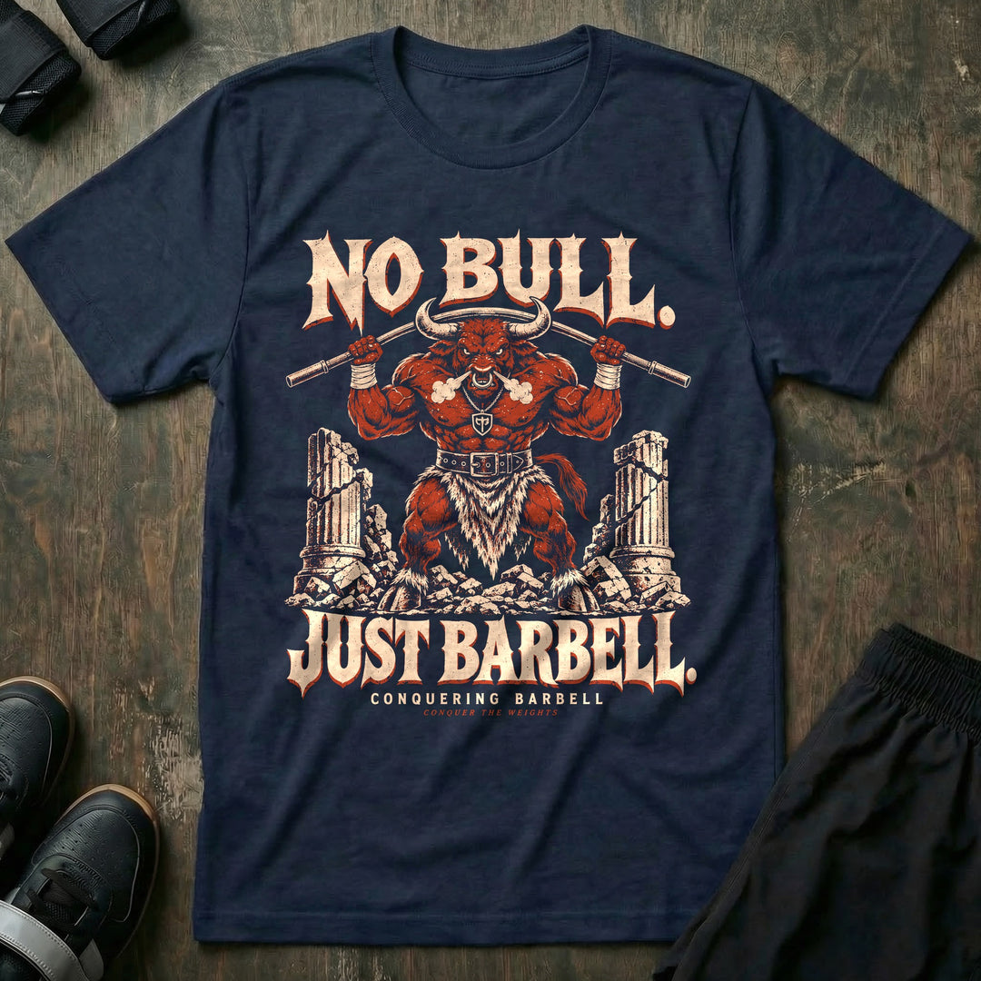 No Bull Just Barbell - Tee front graphic in Navy with a red minotaur snorting steam and holding a barbell overhead among ruined columns - Conquering Barbell
