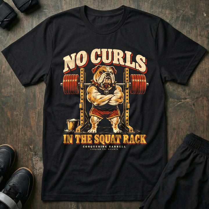 No Curls in the Squat Rack - Tee front graphic in Black with a bulldog with arms crossed guarding a loaded squat rack - Conquering Barbell