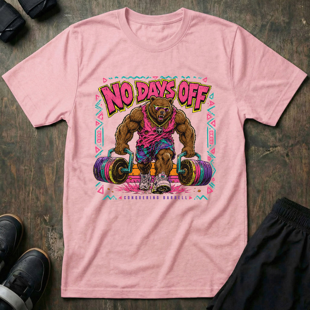 No Days Off tee in Pink: a jacked grizzly in a shredded pink tank