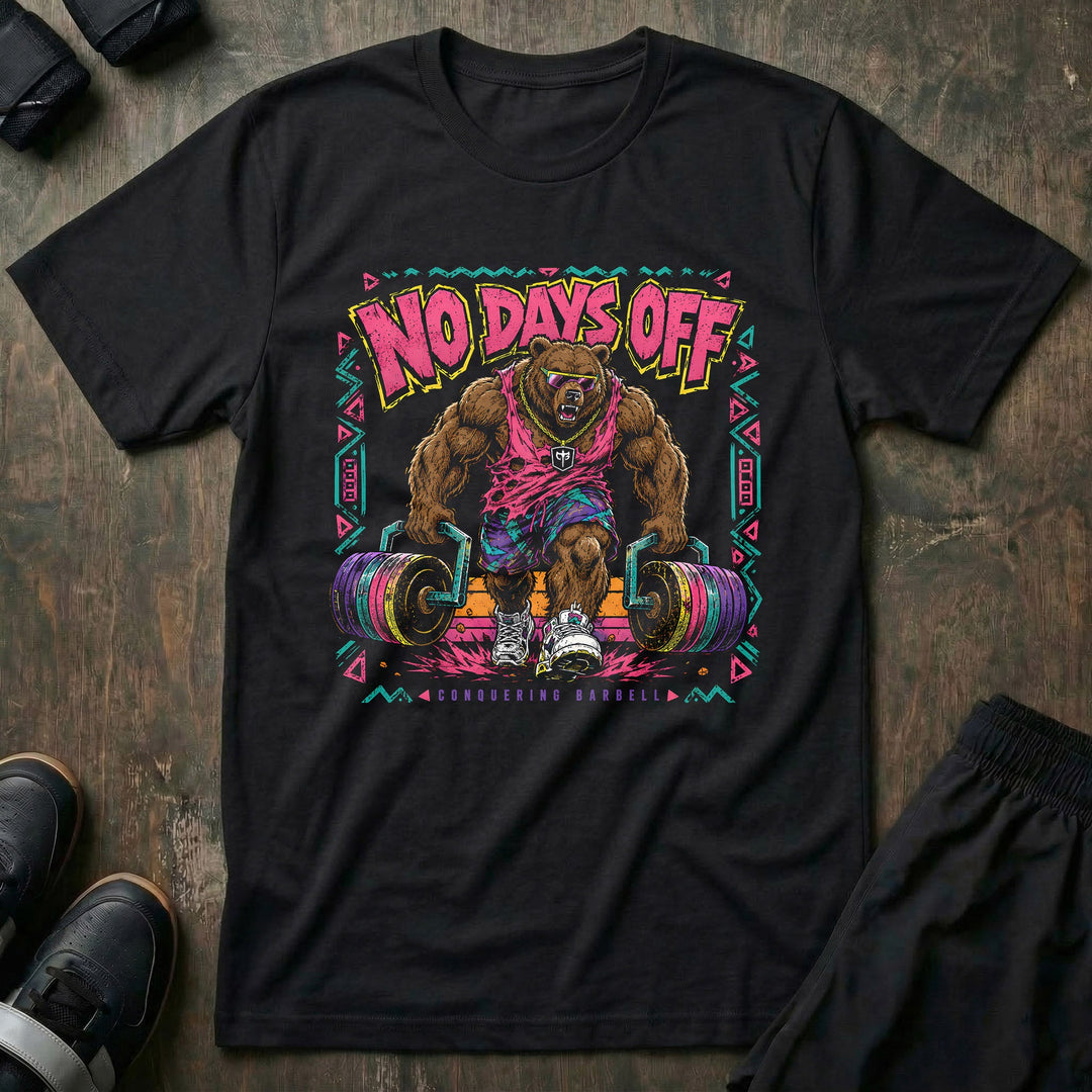 No Days Off tee in Black: a jacked grizzly in a shredded pink tank