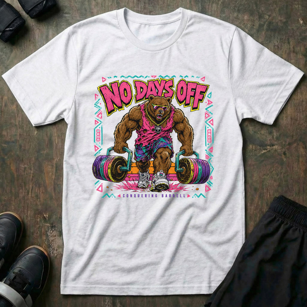No Days Off tee in White: a jacked grizzly in a shredded pink tank