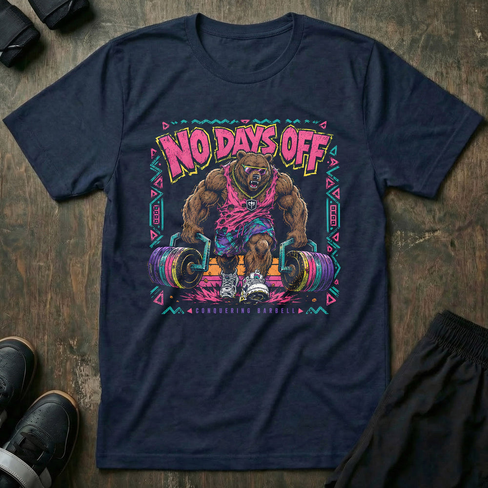 No Days Off tee in Navy: a jacked grizzly in a shredded pink tank