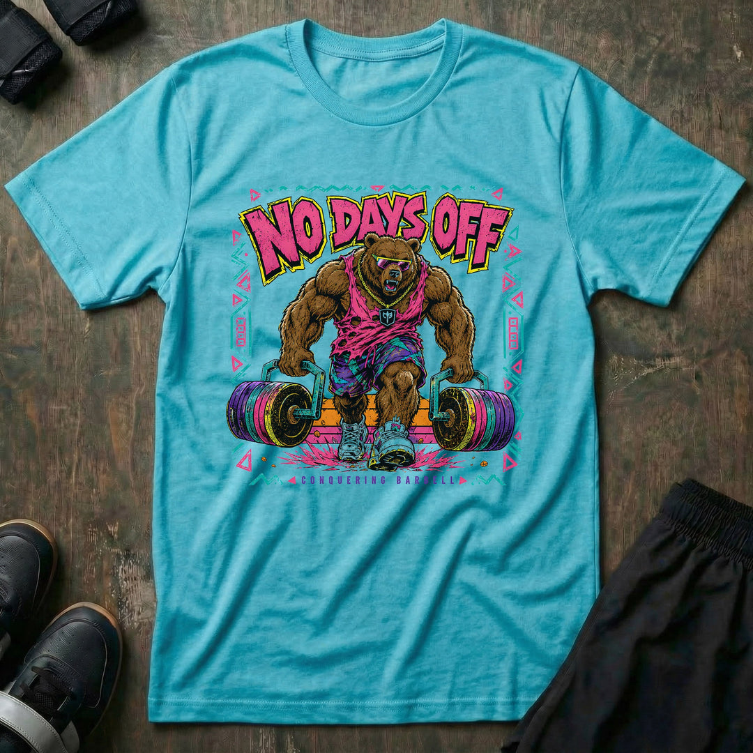 No Days Off tee in Tahiti: a jacked grizzly in a shredded pink tank