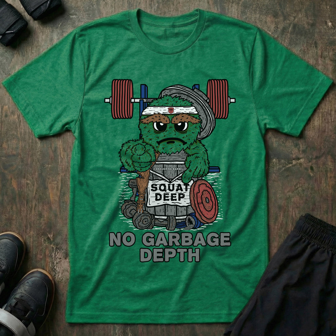No Garbage Depth - on Kelly Green Tee - Conquering Barbell