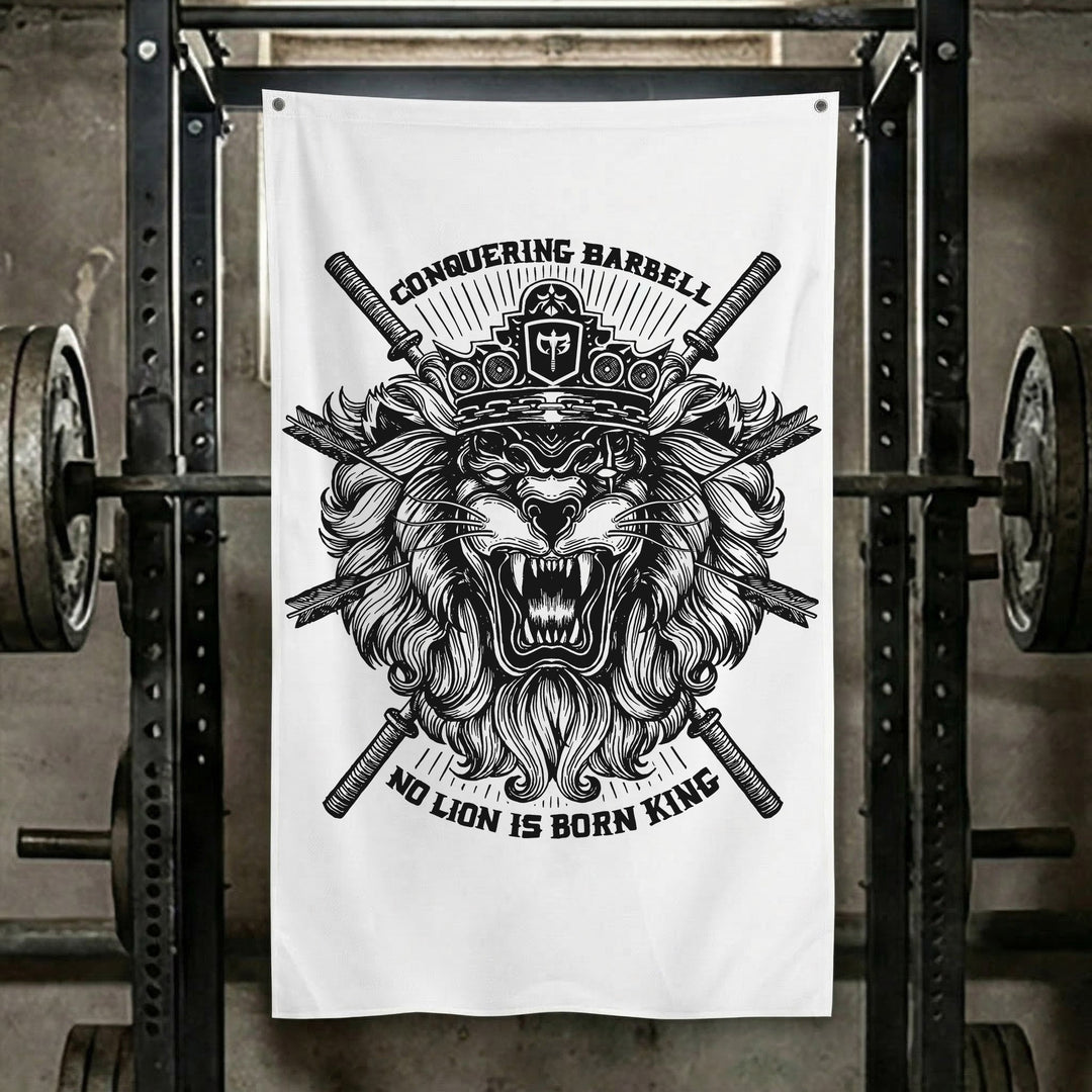 No Lion Is Born King Flag - 3' x 5' Polyester Flag - White Version - Conquering Barbell