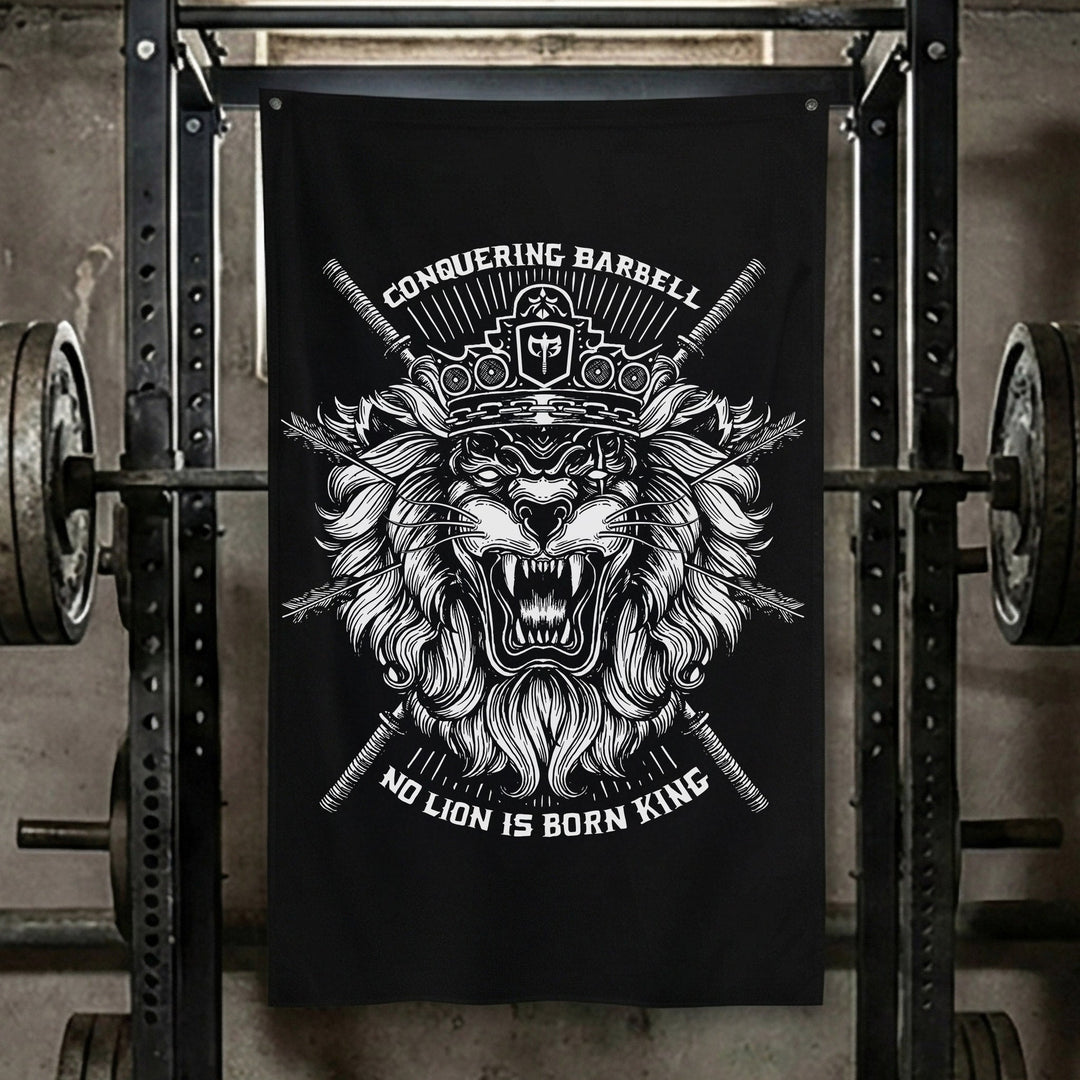 No Lion Is Born King Flag - Black Flag Version - 3' x 5' Polyester Flag - Conquering Barbell