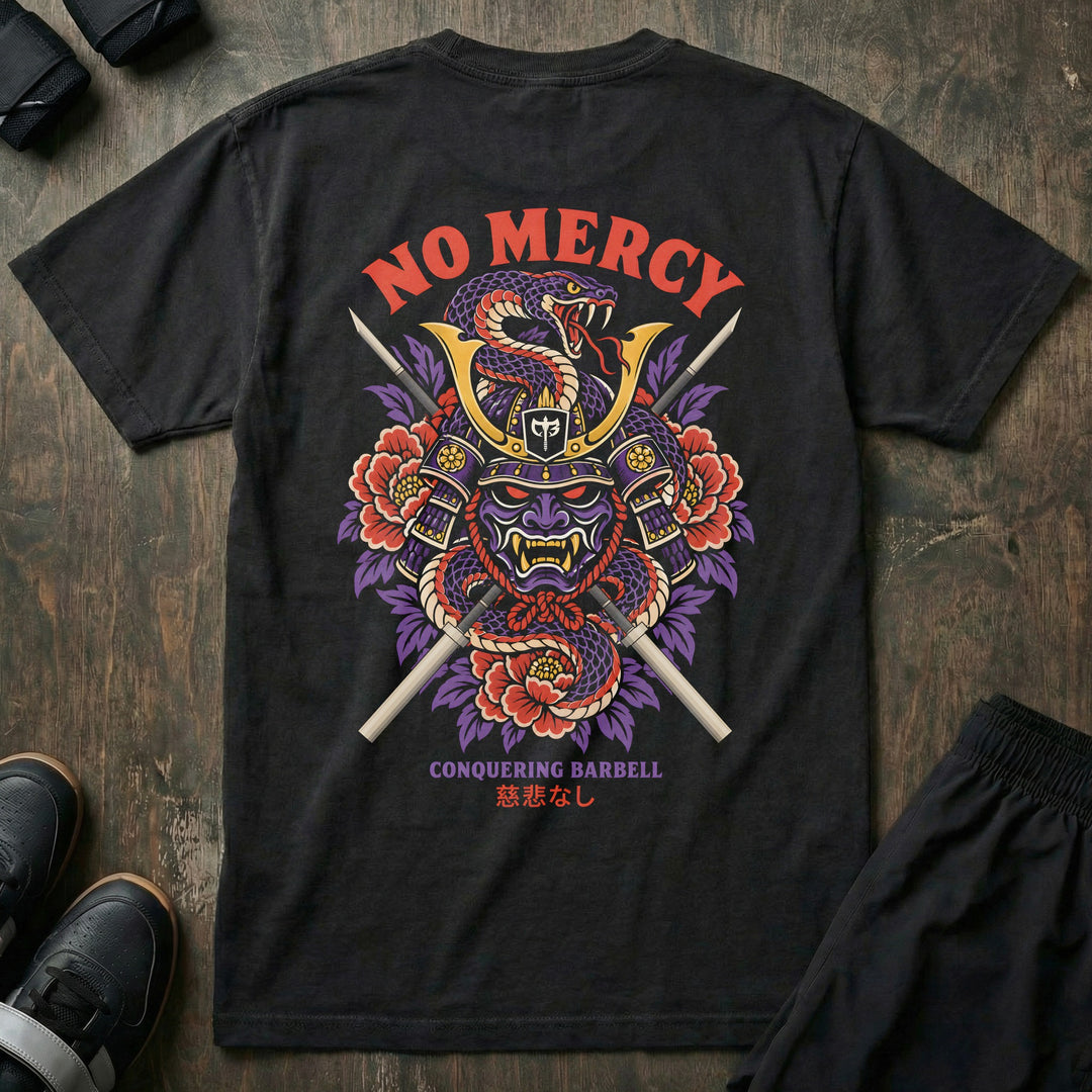 No Mercy relaxed fit tee in Black, back print: purple oni samurai helmet with a snake, crossed barbell-katanas and red peonies