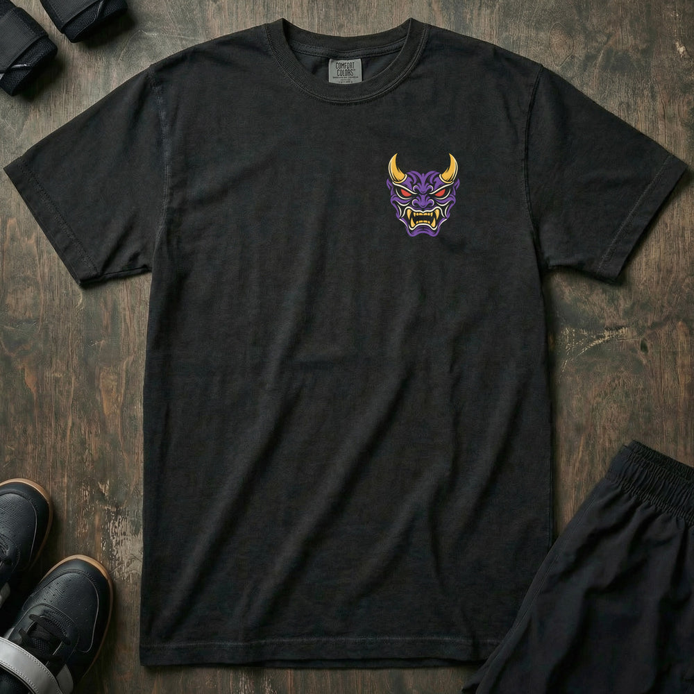 No Mercy relaxed fit tee in Black, front with purple oni mask left chest print