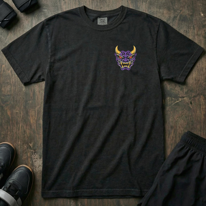 No Mercy relaxed fit tee in Black, front with purple oni mask left chest print