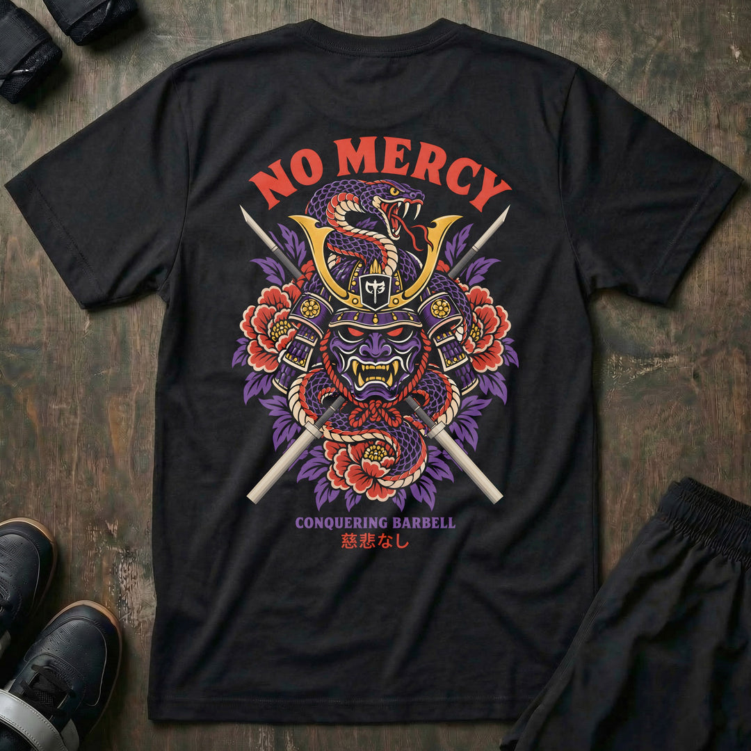 No Mercy tee in Black, back print: purple oni samurai helmet with a snake, crossed barbell-katanas and red peonies