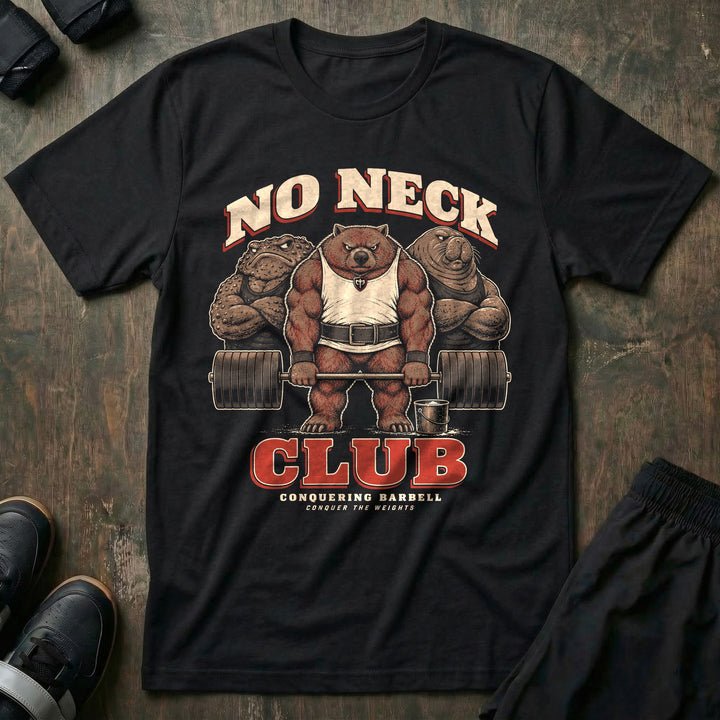 No Neck Club - Tee front graphic in Black with a wombat deadlifting between a toad and an elephant seal, none with a neck - Conquering Barbell