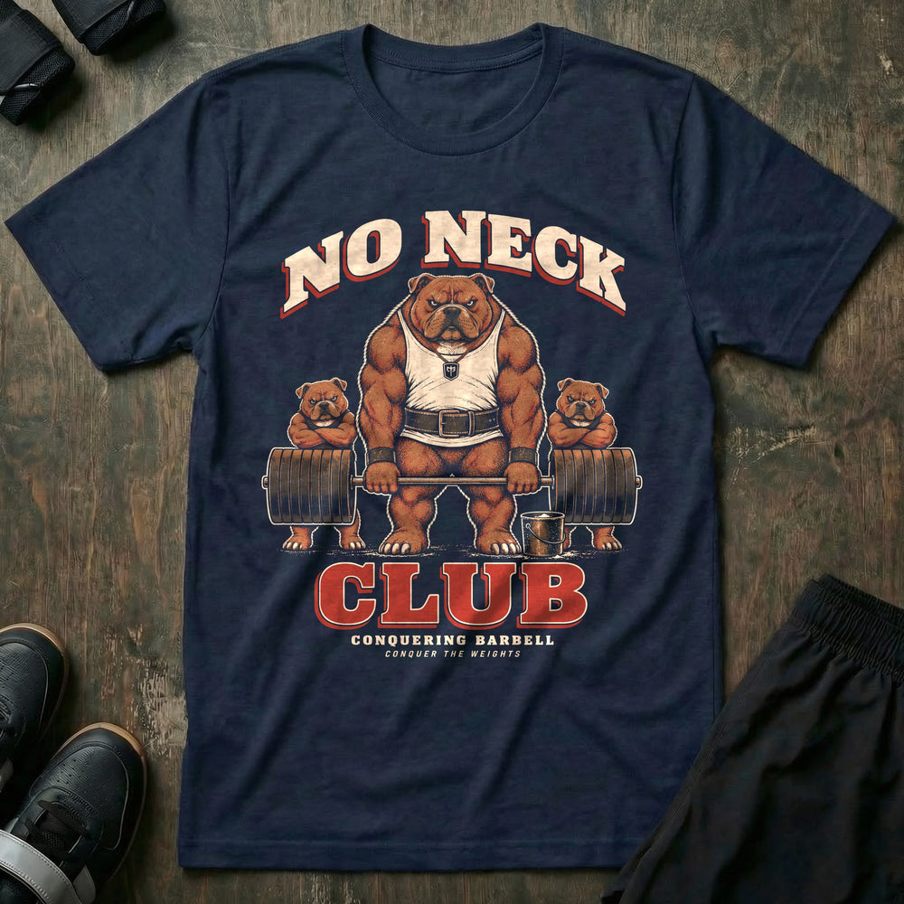 No Neck Club - Tee front graphic in Navy with a muscular bully dog holding a loaded barbell between two pups with crossed arms - Conquering Barbell