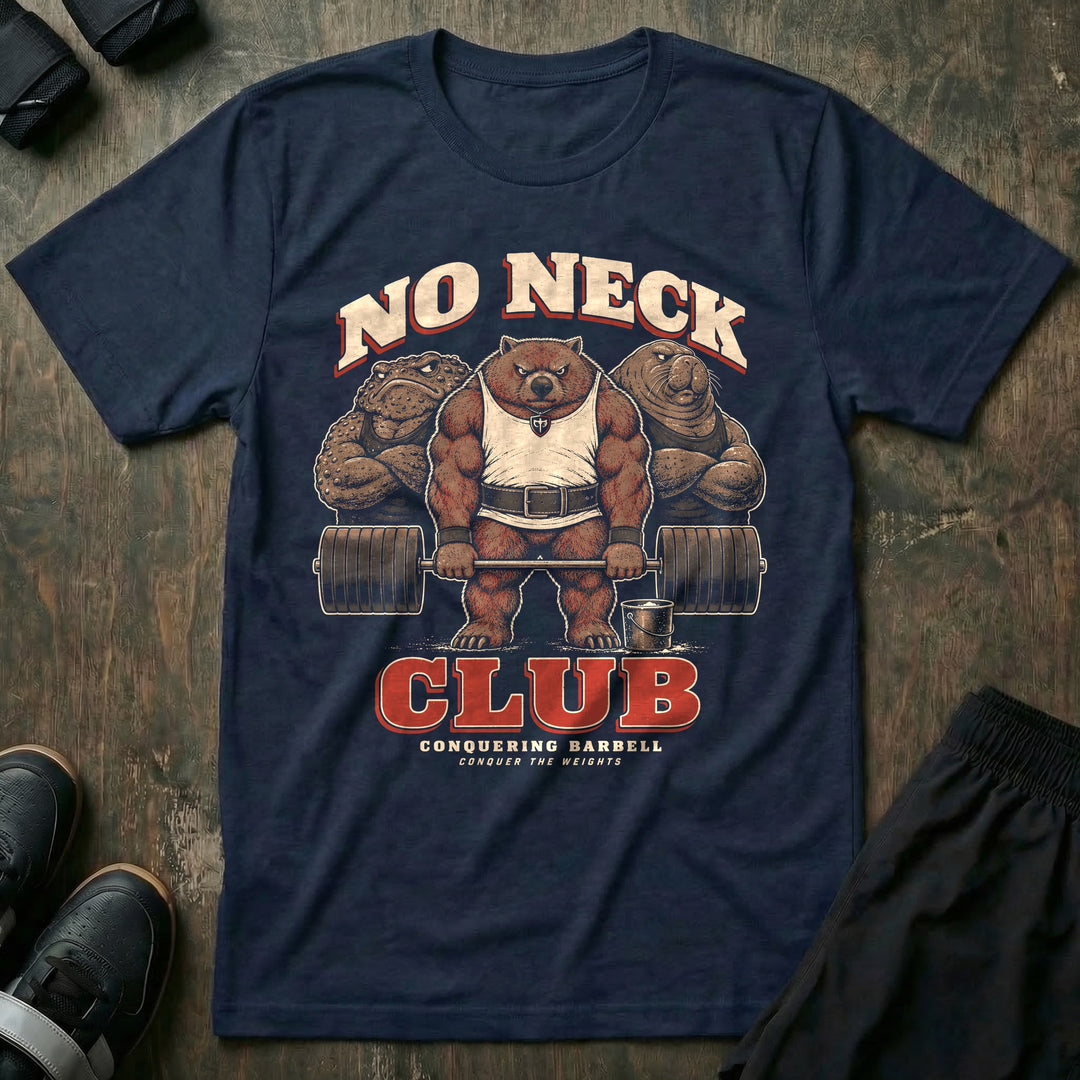 No Neck Club - Tee front graphic in Navy with a wombat deadlifting between a toad and an elephant seal, none with a neck - Conquering Barbell