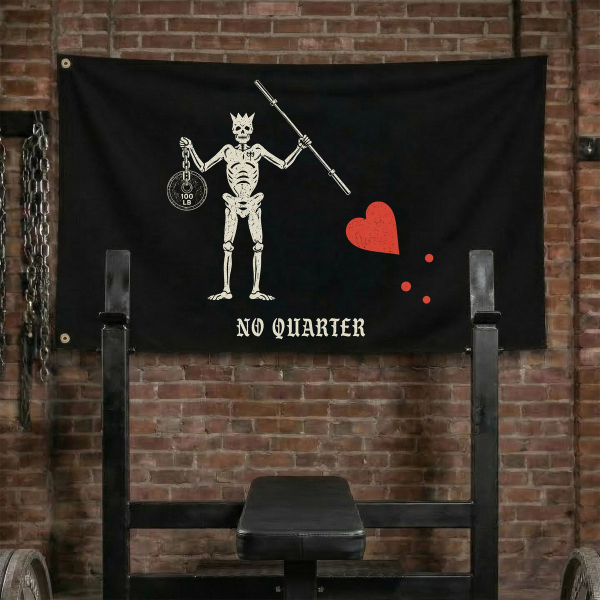 No Quarter - Blackbeard - Polyester Flag, horizontal black gym flag with horned skeleton with an hourglass spearing a red heart - Conquering Barbell