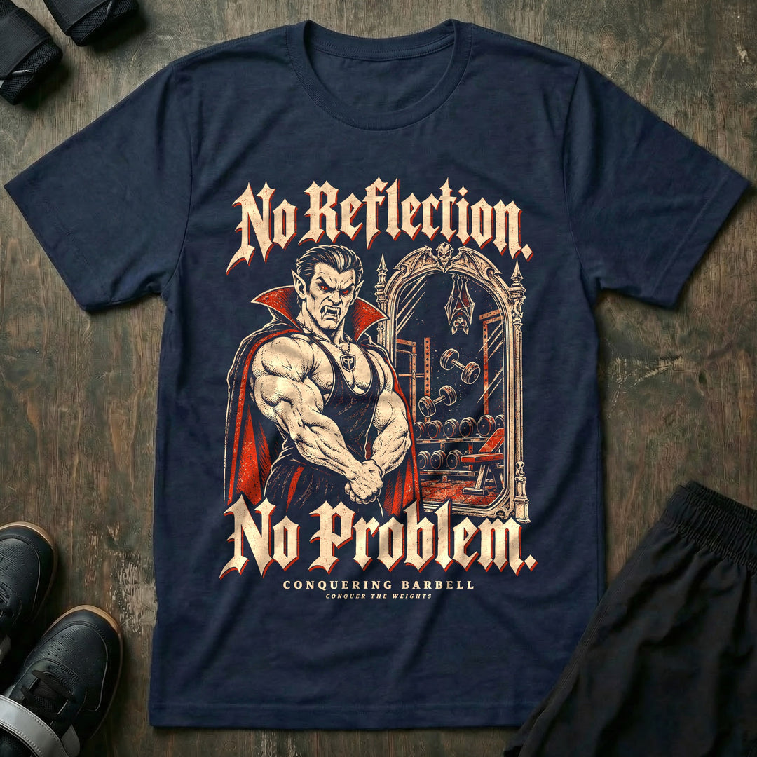 No Reflection No Problem - Tee front graphic in Navy with a muscular vampire flexing in front of a mirror that shows no reflection - Conquering Barbell