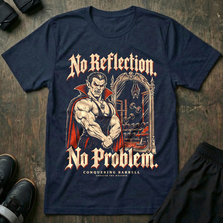 No Reflection No Problem - Tee front graphic in Navy with a muscular vampire flexing in front of a mirror that shows no reflection - Conquering Barbell