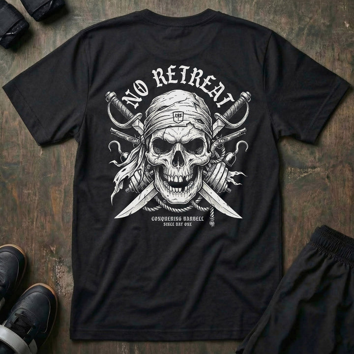 No Retreat tee in Black: a battle-worn pirate skull wearing the CB shield on its bandana