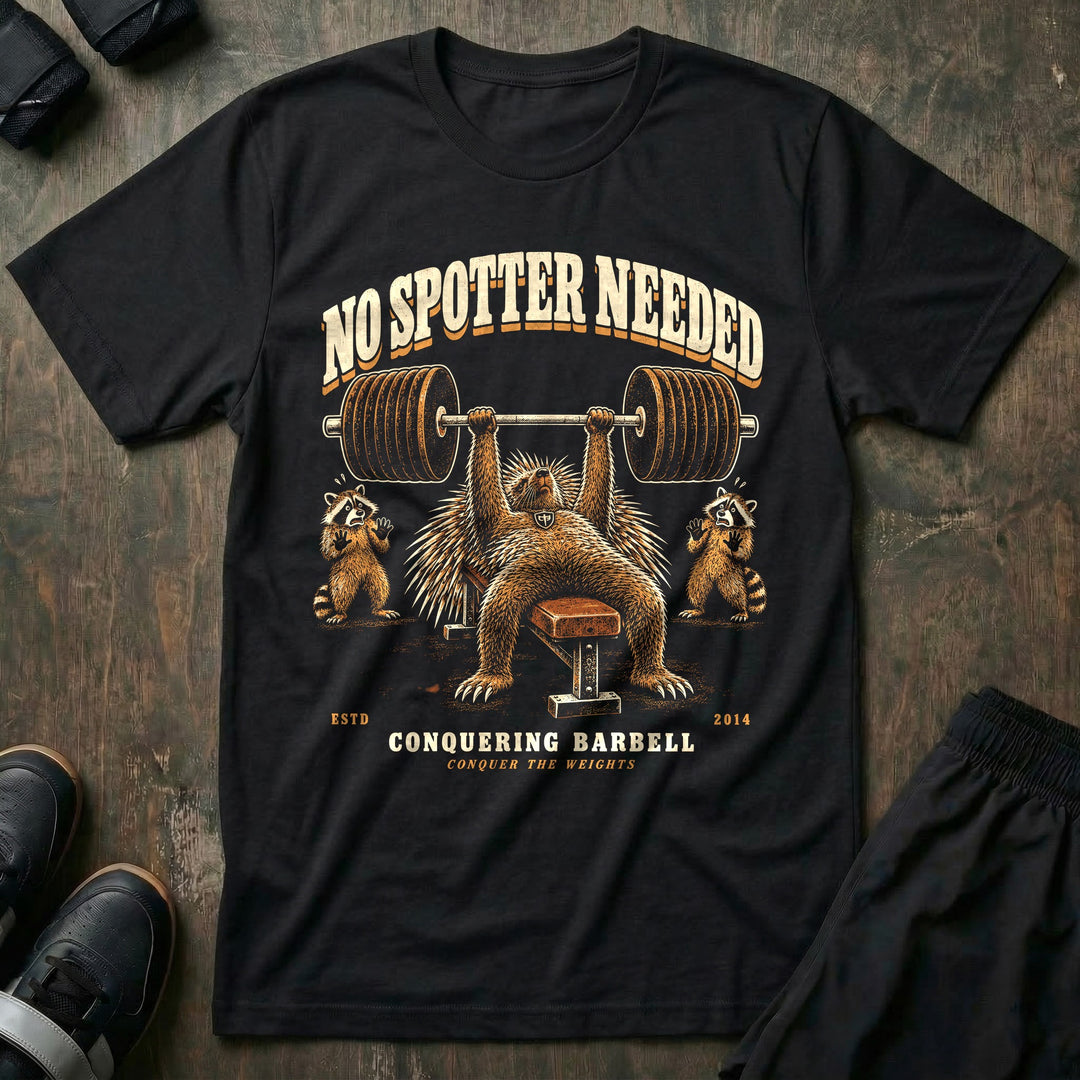 No Spotter Needed - Tee front graphic in Black with a porcupine bench pressing while two raccoons back away with paws up - Conquering Barbell