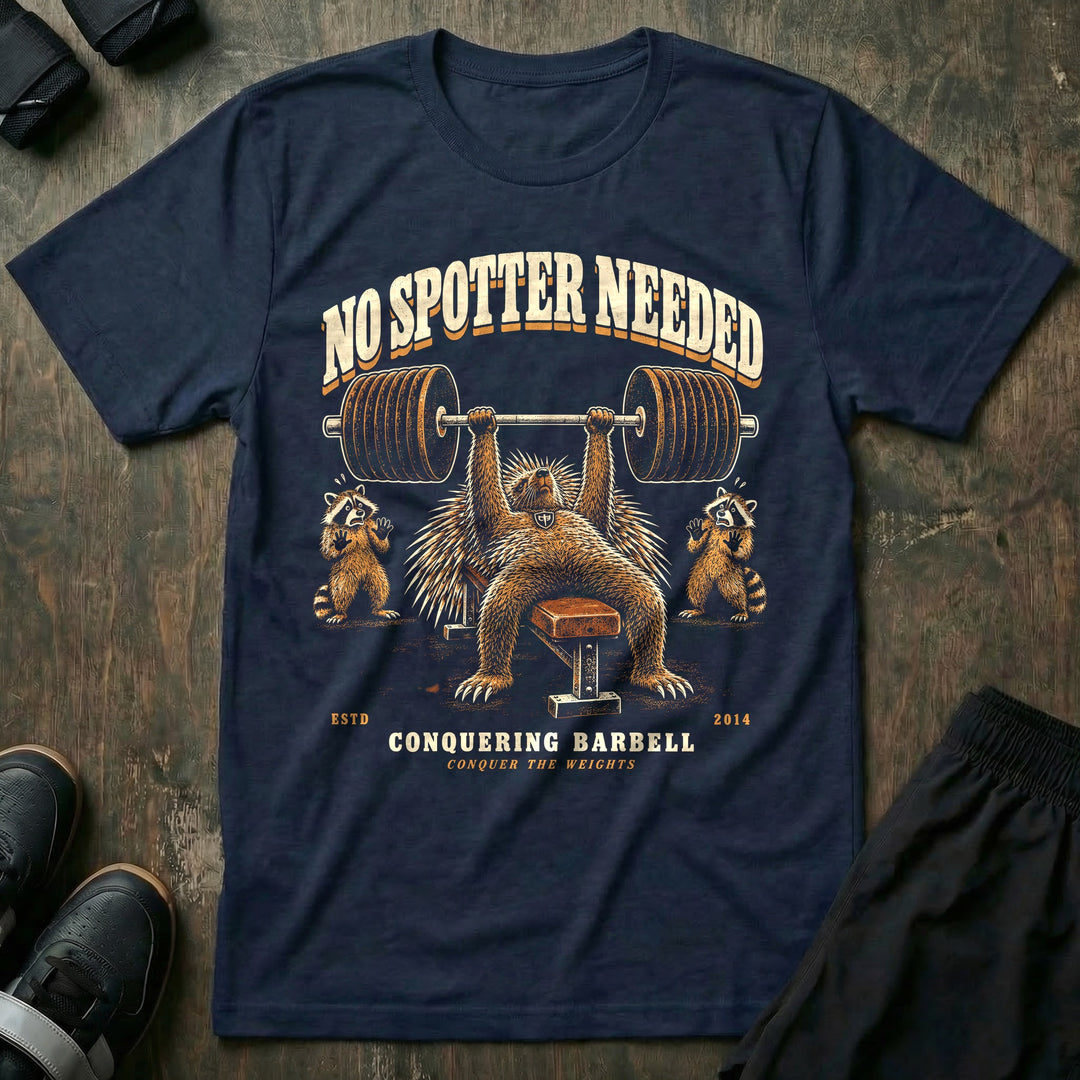 No Spotter Needed - Tee front graphic in Navy with a porcupine bench pressing while two raccoons back away with paws up - Conquering Barbell