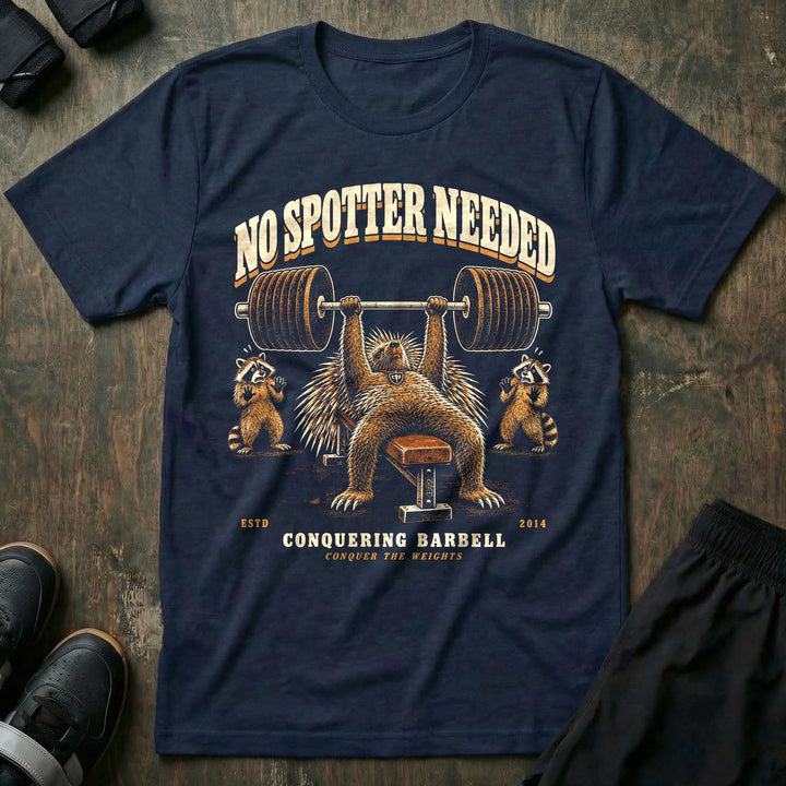 No Spotter Needed - Tee front graphic in Navy with a porcupine bench pressing while two raccoons back away with paws up - Conquering Barbell