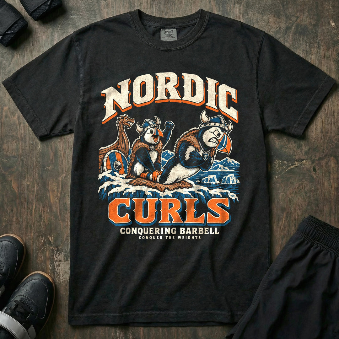Nordic Curls - Relaxed Fit Tee front graphic in Black with two puffins in horned helmets doing Nordic hamstring curls on an ice shelf beside a longship - Conquering Barbell