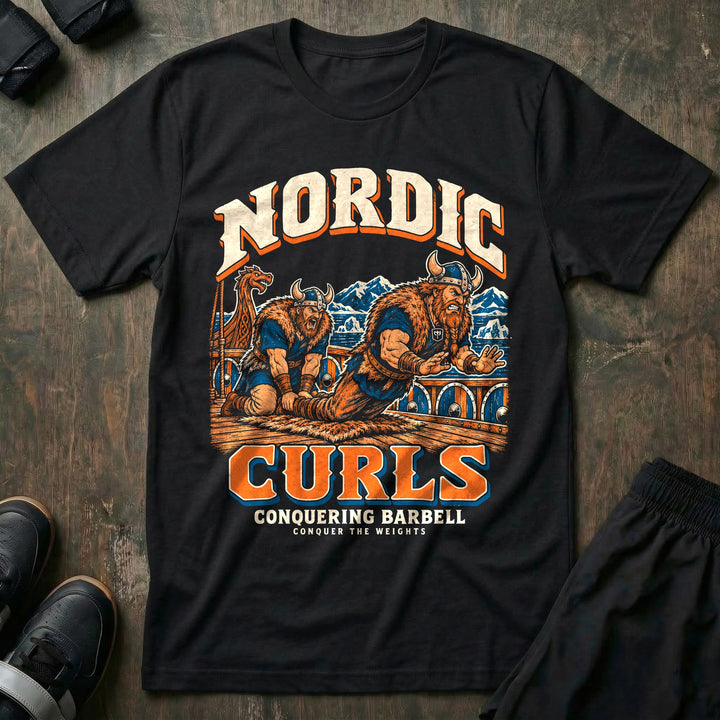 Nordic Curls - Tee front graphic in Black with two Vikings in horned helmets doing a Nordic hamstring curl on the deck of a longship - Conquering Barbell