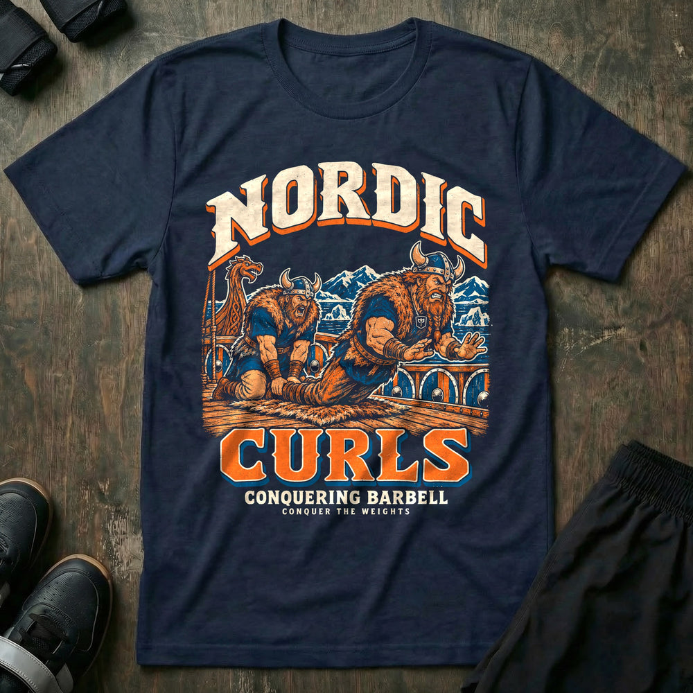 Nordic Curls - Tee front graphic in Navy with two Vikings in horned helmets doing a Nordic hamstring curl on the deck of a longship - Conquering Barbell