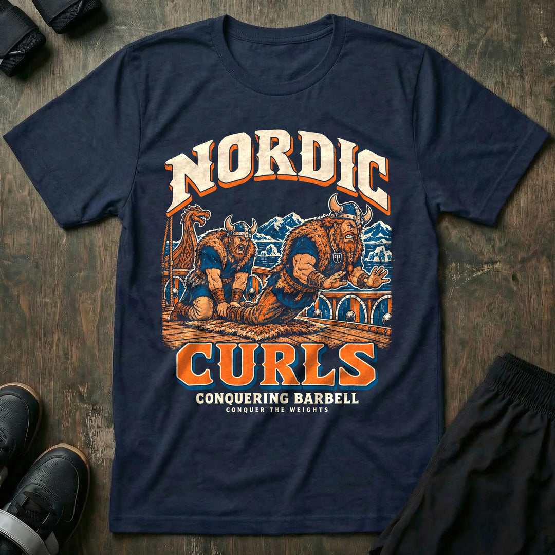 Nordic Curls - Tee front graphic in Navy with two Vikings in horned helmets doing a Nordic hamstring curl on the deck of a longship - Conquering Barbell