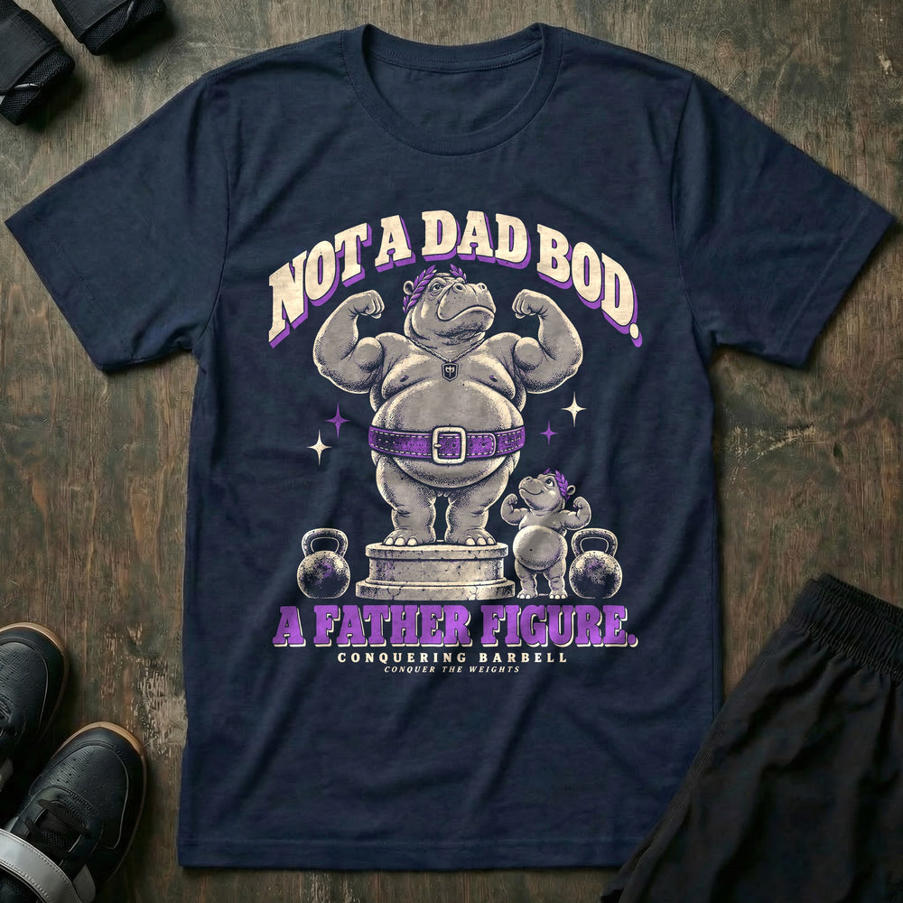 Not a Dad Bod. A Father Figure - Tee front graphic in Navy with a hippo in a laurel wreath and purple lifting belt flexing on a marble pedestal beside a small hippo copying the pose - Conquering Barbell