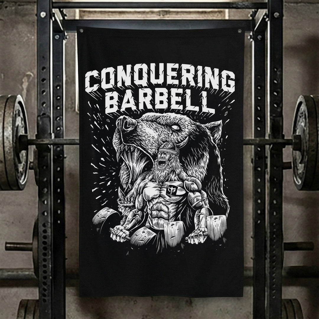 O.G. Viking Flag - Polyester Flag, vertical black gym flag with hulking fur-cloaked Viking - Conquering Barbell