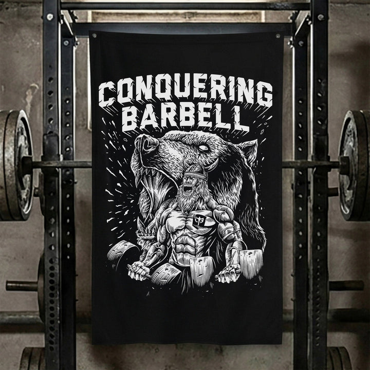 O.G. Viking Flag - Polyester Flag, vertical black gym flag with hulking fur-cloaked Viking - Conquering Barbell