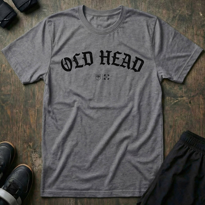 Old Head tee in Heather Grey: OLD HEAD in bold old English lettering arched across the chest with small CB marks below