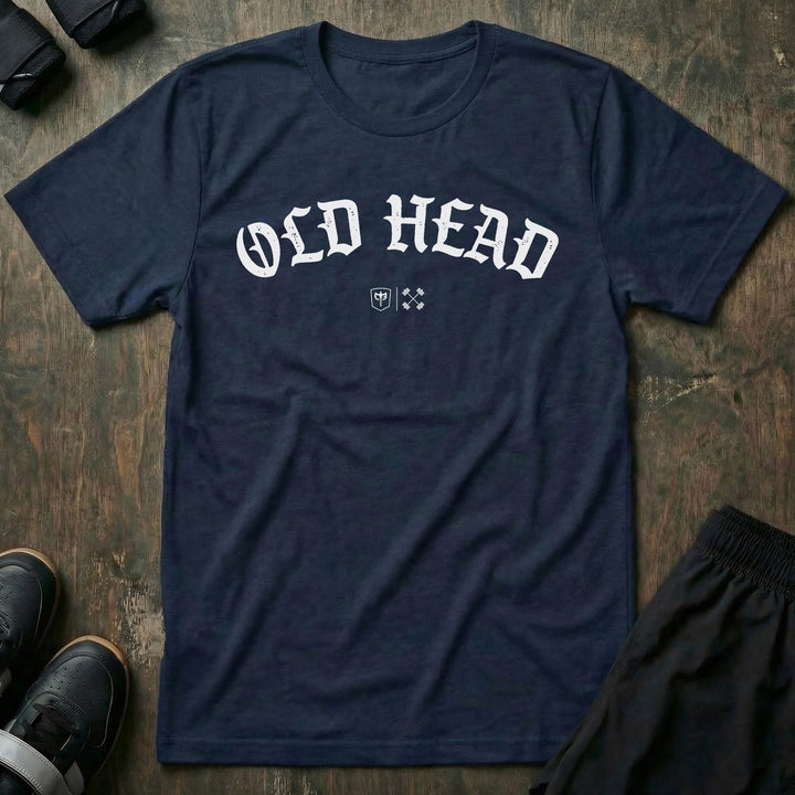 Old Head tee in Navy: OLD HEAD in bold old English lettering arched across the chest with small CB marks below