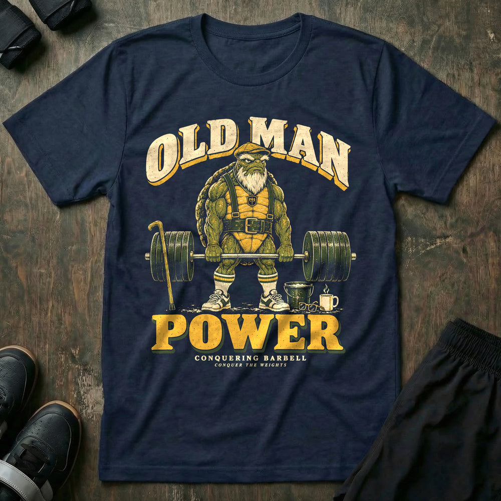 Old Man Power - Tee front graphic in Navy with an old bearded tortoise in a flat cap at deadlift lockout - Conquering Barbell