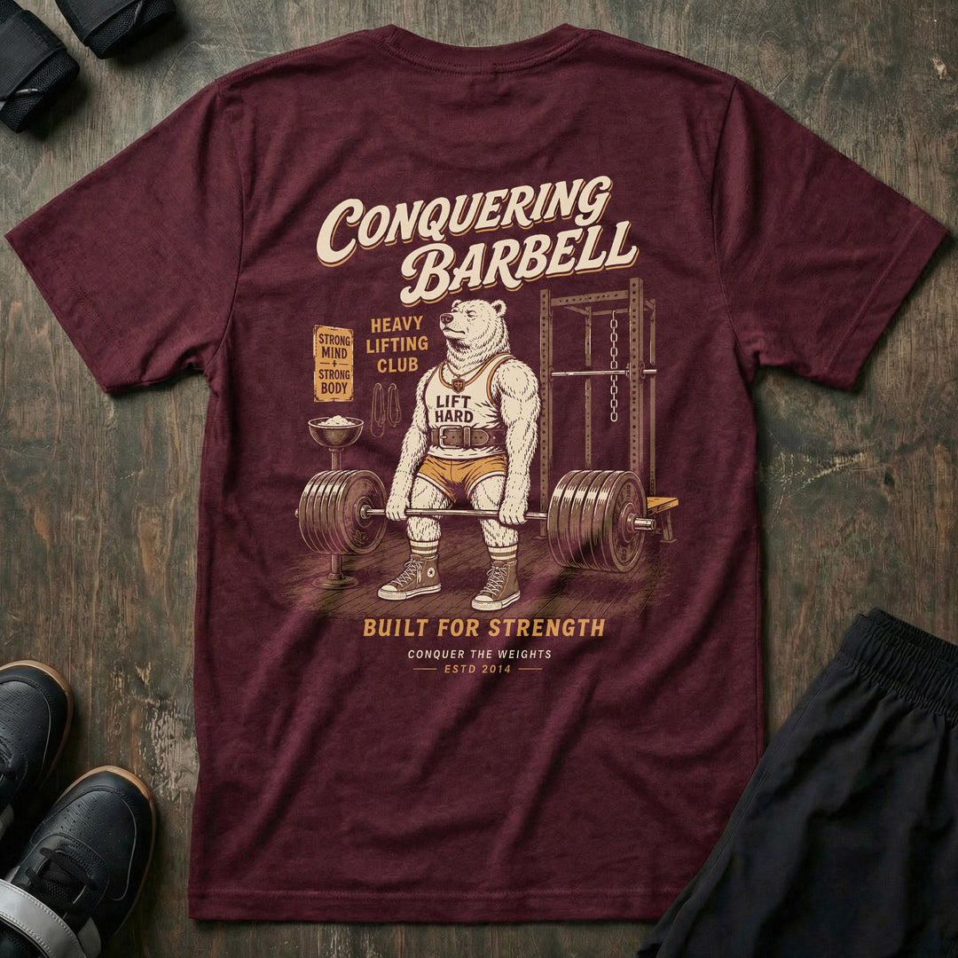 Old School Deadlift Bear tee in Maroon: a classic polar bear in high socks